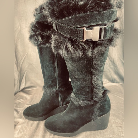 Coach Black Suede Wedge Boots Rabbit Fur Trim Size 11 Sharma Made in Italy🇮🇹 - Picture 12 of 17